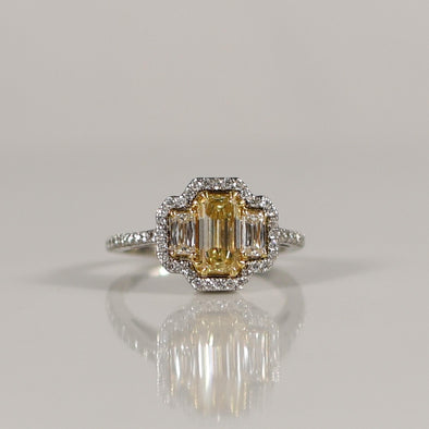 1.7ctw Natural Yellow Criss Cut Style 3 Stone Diamond Halo Ring 18k White Gold