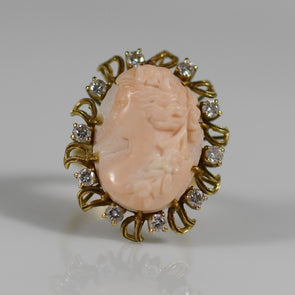 Vintage Coral Cameo w Diamonds in 18K Yellow Gold Ring