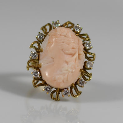 Vintage Coral Cameo w Diamonds in 18K Yellow Gold Ring