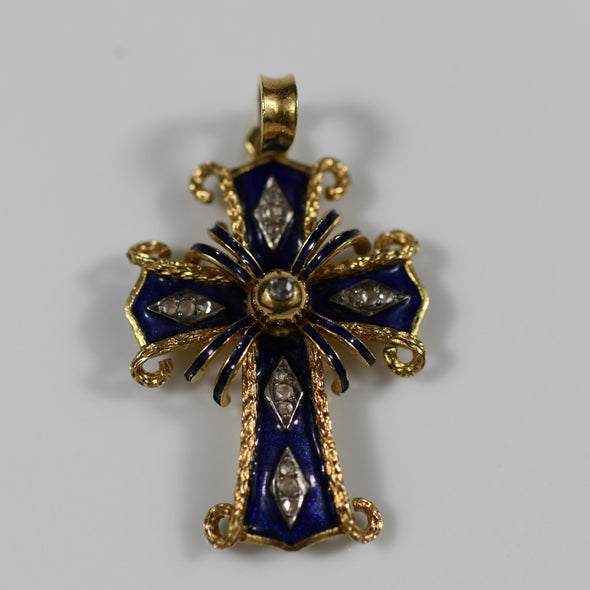 Vintage Blue Enamel Cross Diamond Accent 18k Yellow Gold Pendant