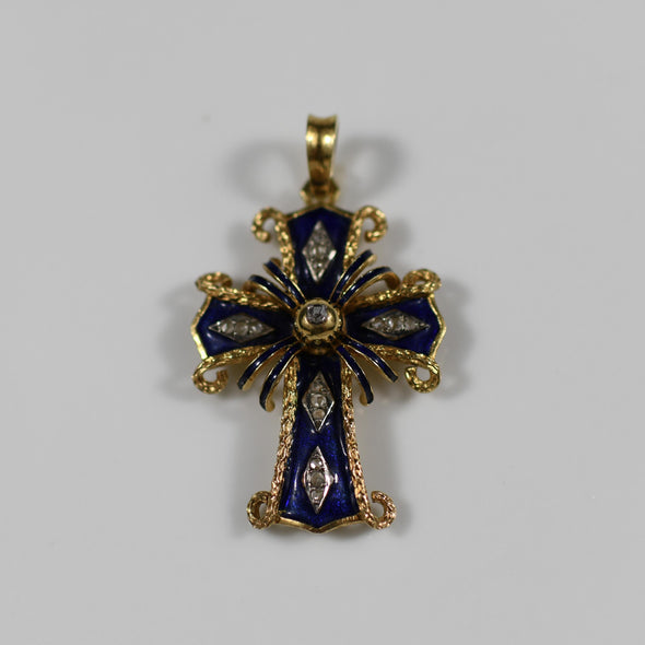 Vintage Blue Enamel Cross Diamond Accent 18k Yellow Gold Pendant