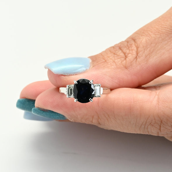 Vintage 4.81ctw Blue Sapphire Oval Baguette Diamond Platinum Ring