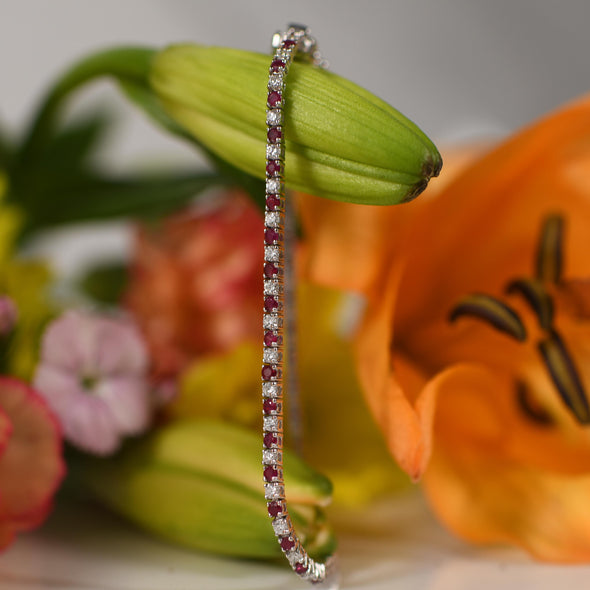 2.57ct Ruby & Diamond Tennis Straight Line Bracelet in 14k White Gold