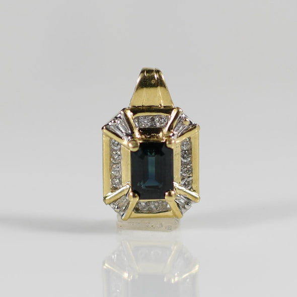 1.4ctw Emerald Cut Greenish Blue Sapphire and Diamond Pendant in 14k Yellow Gold