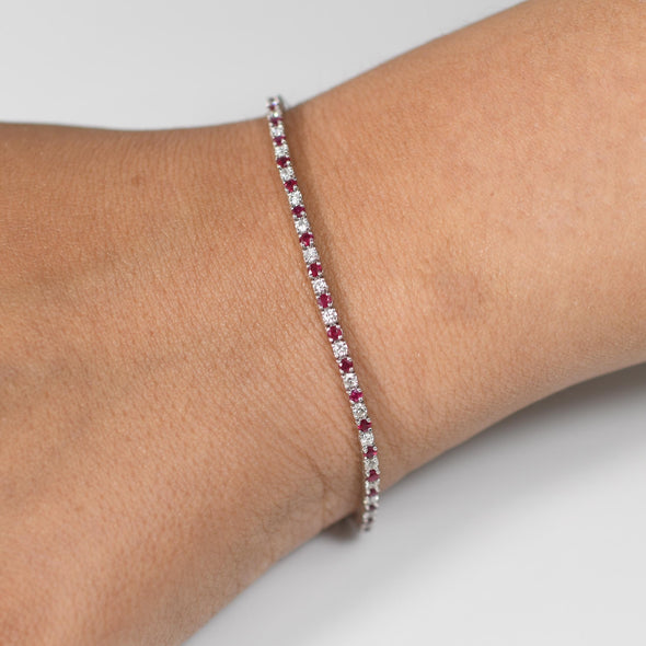 2.57ct Ruby & Diamond Tennis Straight Line Bracelet in 14k White Gold