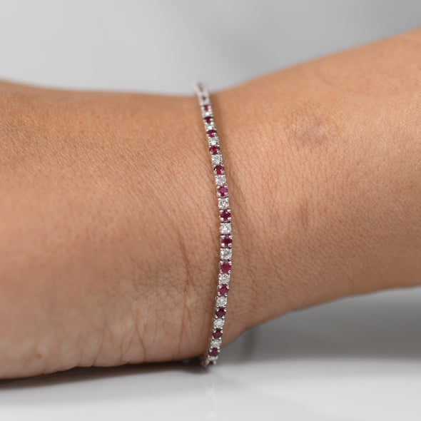 2.57ct Ruby & Diamond Tennis Straight Line Bracelet in 14k White Gold