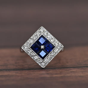Art Deco Sapphire and Diamond Platinum Square Top Ring