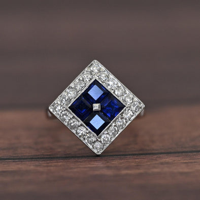 Art Deco Sapphire and Diamond Platinum Square Top Ring