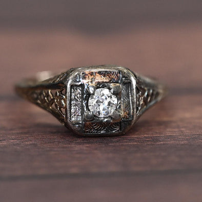 Art Deco 0.20ct Old European Cut Diamond 18k White Gold Filigree Ring - Patina!