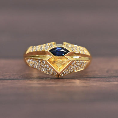 Blue & Yellow Sapphire Shield Cut Diamond Pave 18k Gold Ring