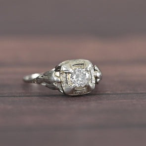Art Deco 0.35ct Old European Cut Diamond 18k White Gold Filigree Engagement Ring