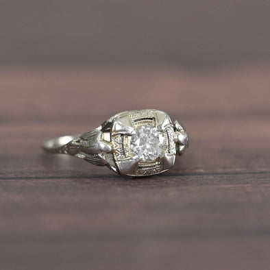 Art Deco 0.35ct Old European Cut Diamond 18k White Gold Filigree Engagement Ring