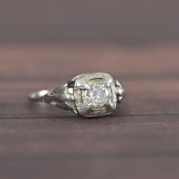 Art Deco 0.35ct Old European Cut Diamond 18k White Gold Filigree Engagement Ring
