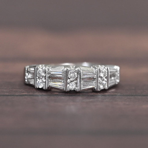 Elegant Platinum Diamond Band with Tapered Baguettes & Round Brilliants – 0.80ct