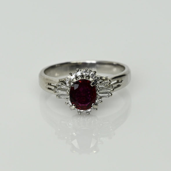 Vintage 0.91ctw Gem Ruby Diamond Cluster Platinum Ring