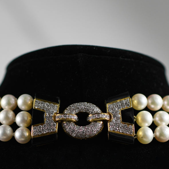 Triple Strand Cultured Pearl Necklace w 3ct Diamond Pave Onyx and 18K Gold Clasp