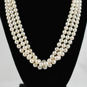 Triple Strand Cultured Pearl Necklace w 3ct Diamond Pave Onyx and 18K Gold Clasp