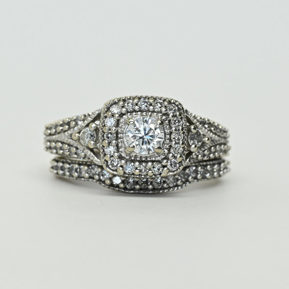 7/8cttw Diamond Halo Engagement Ring 14k White Gold Wedding Set
