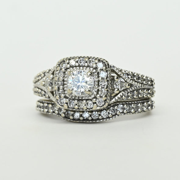 7/8cttw Diamond Halo Engagement Ring 14k White Gold Wedding Set