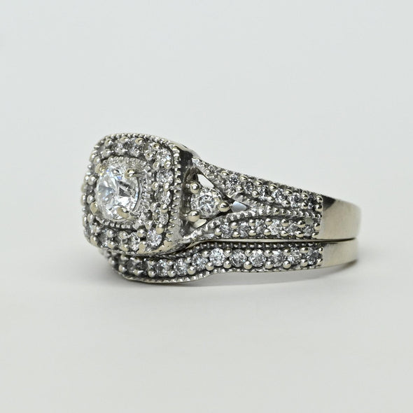 7/8cttw Diamond Halo Engagement Ring 14k White Gold Wedding Set