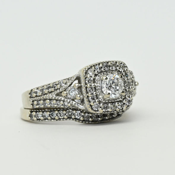 7/8cttw Diamond Halo Engagement Ring 14k White Gold Wedding Set