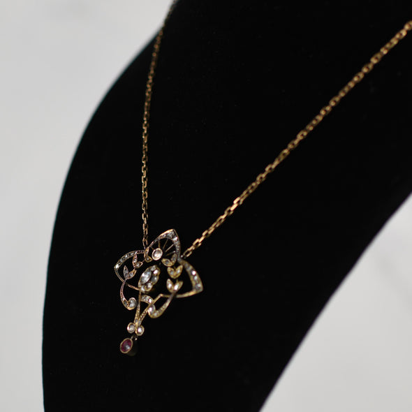 Victorian Yellow Gold Rose Cut Diamond and Ruby Necklace