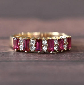 Ruby and Diamond Alternating Gemstone Band 14k Gold Ring