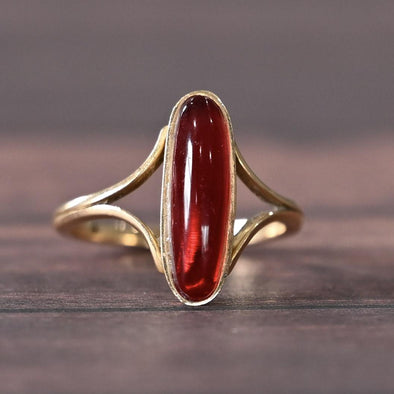 Vintage Ruby Bezel Set Long Oval Split Shank 18k Gold Ring