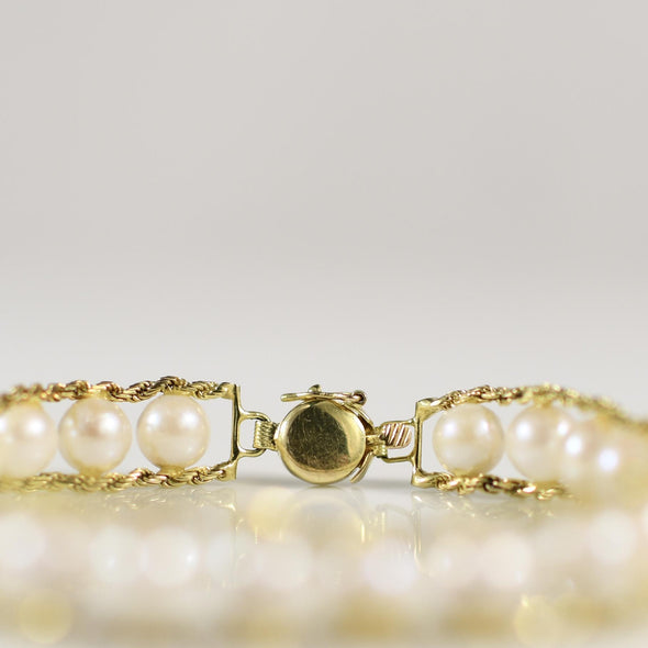 Double Rope Cultured Pearl Bracelet in 14k Yellow Gold