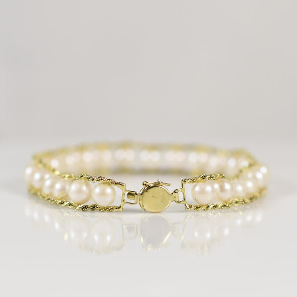 Double Rope Cultured Pearl Bracelet in 14k Yellow Gold