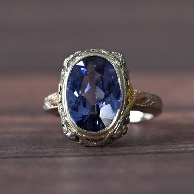 Art Deco 5.2ct Blue Sapphire Oval Tri Color 14k White Gold Filigree Ring