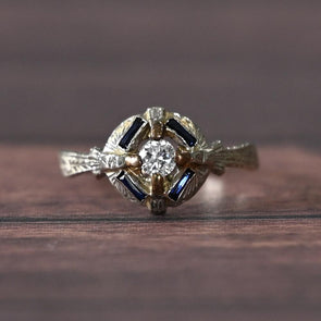 Art Deco Diamond & Blue Sapphire 20k White Gold Ring with Engraved Detail