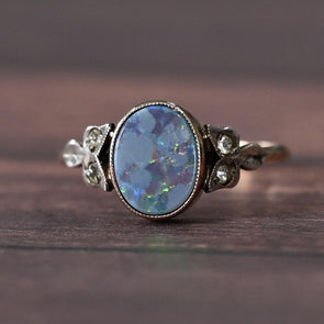 Antique Opal and Diamond Bezel Set 9K Gold Ring