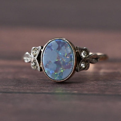 Antique Opal and Diamond Bezel Set 9K Gold Ring