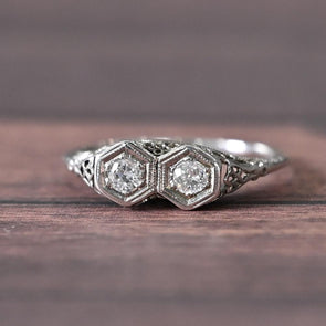 Art Deco Diamond Two Stone Filigree 18k White Gold Ring