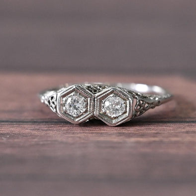 Art Deco Diamond Two Stone Filigree 18k White Gold Ring