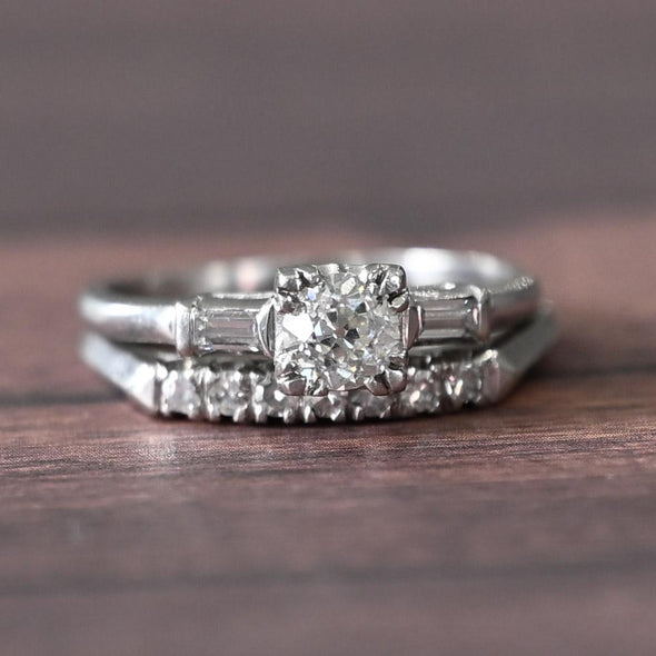 0.93ctw Old European Cut Diamond Vintage Platinum Wedding Set