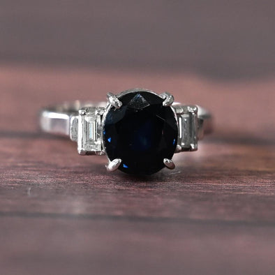 Vintage 4.81ctw Blue Sapphire Oval Baguette Diamond Platinum Ring
