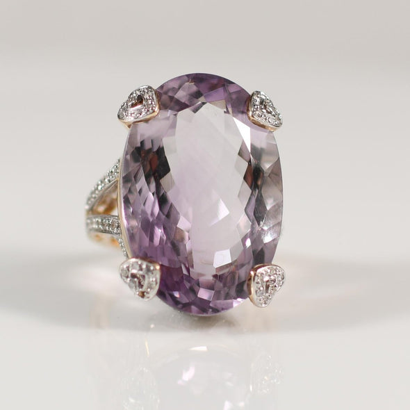 42ct Amethyst Statement Ring with Diamond Heart Motif in 14K Gold