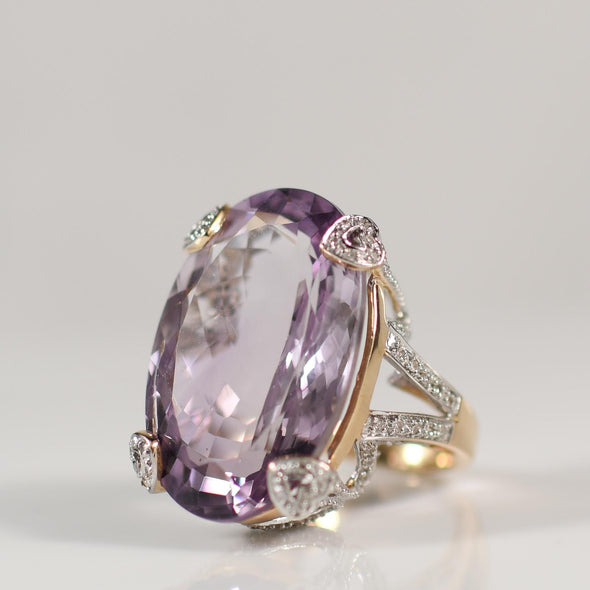 42ct Amethyst Statement Ring with Diamond Heart Motif in 14K Gold