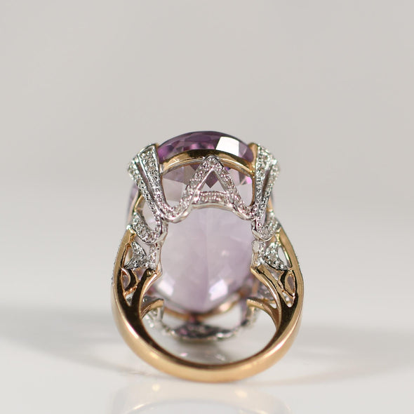 42ct Amethyst Statement Ring with Diamond Heart Motif in 14K Gold