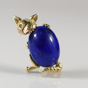 Lapis Lazuli & Diamond Fox Brooch in 14k Yellow Gold