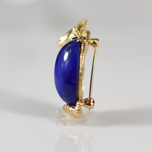 Lapis Lazuli & Diamond Fox Brooch in 14k Yellow Gold