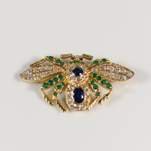 Sapphire Emerald Ruby Diamond Old Cut Gemstone Insect Brooch in 18K Yellow Gold