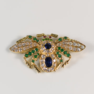 Sapphire Emerald Ruby Diamond Old Cut Gemstone Insect Brooch in 18K Yellow Gold