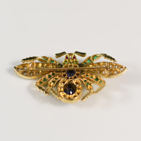 Sapphire Emerald Ruby Diamond Old Cut Gemstone Insect Brooch in 18K Yellow Gold