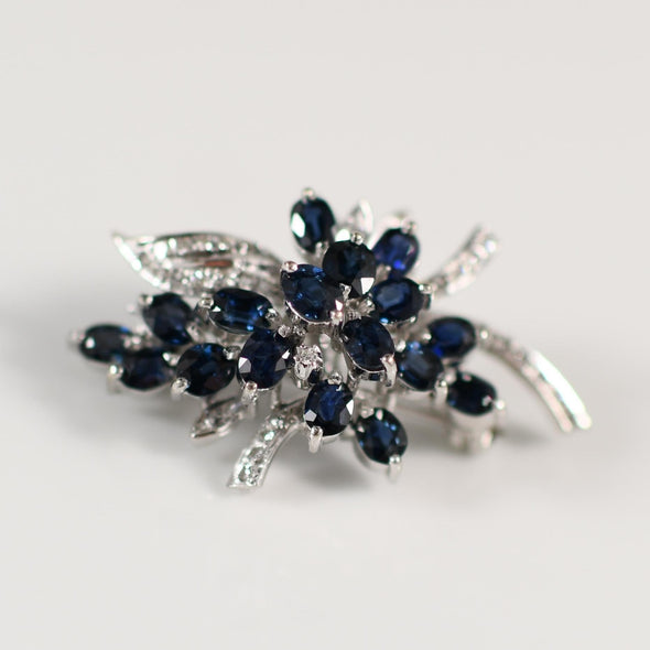 4.5ctw Blue Sapphire & Diamond Cluster Converter Brooch Pendant 18K White Gold