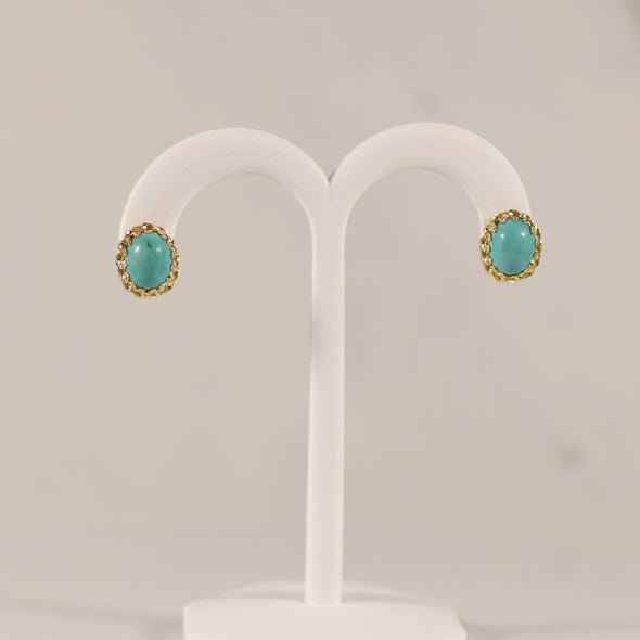 Oval Turquoise Earrings with Rope Boarder Fleur De Lis Prongs