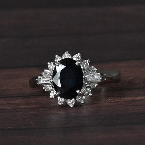 Vintage Deep Blue Sapphire Oval Diamond Cluster Platinum Ring