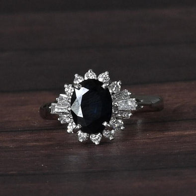 Vintage Deep Blue Sapphire Oval Diamond Cluster Platinum Ring